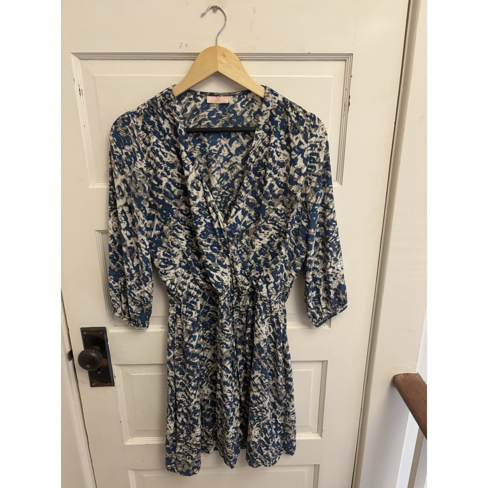 Nell Women's Silk Wrap‎ Dress Blue Gray Print Elastic Waist Size Medium